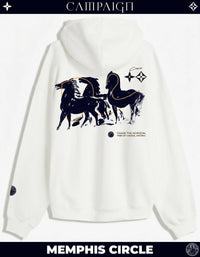 White hoodie with horse graphic and text on a white background
