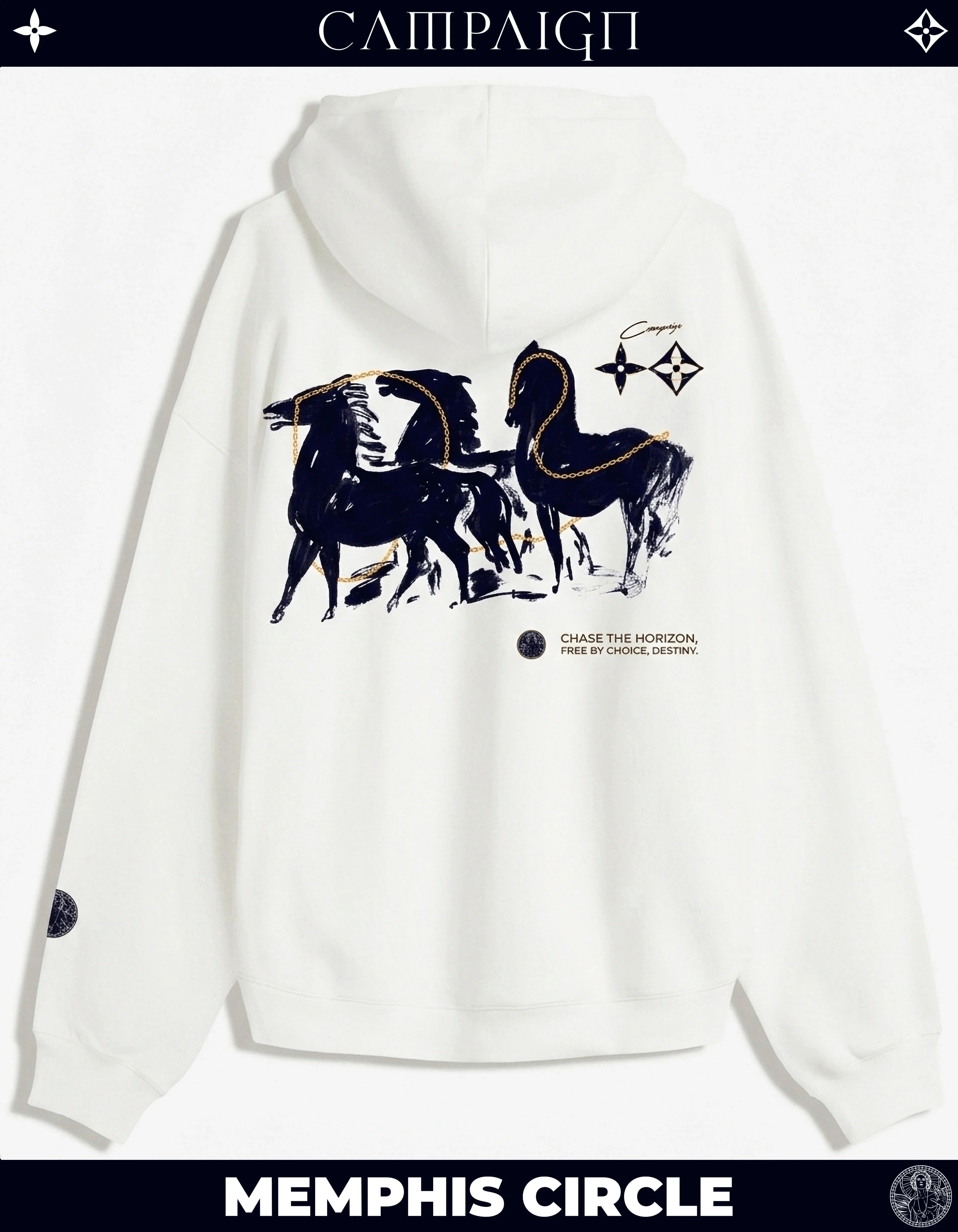 White hoodie with horse graphic and text on a white background