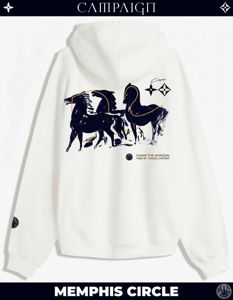 White hoodie with horse graphic and text on a white background